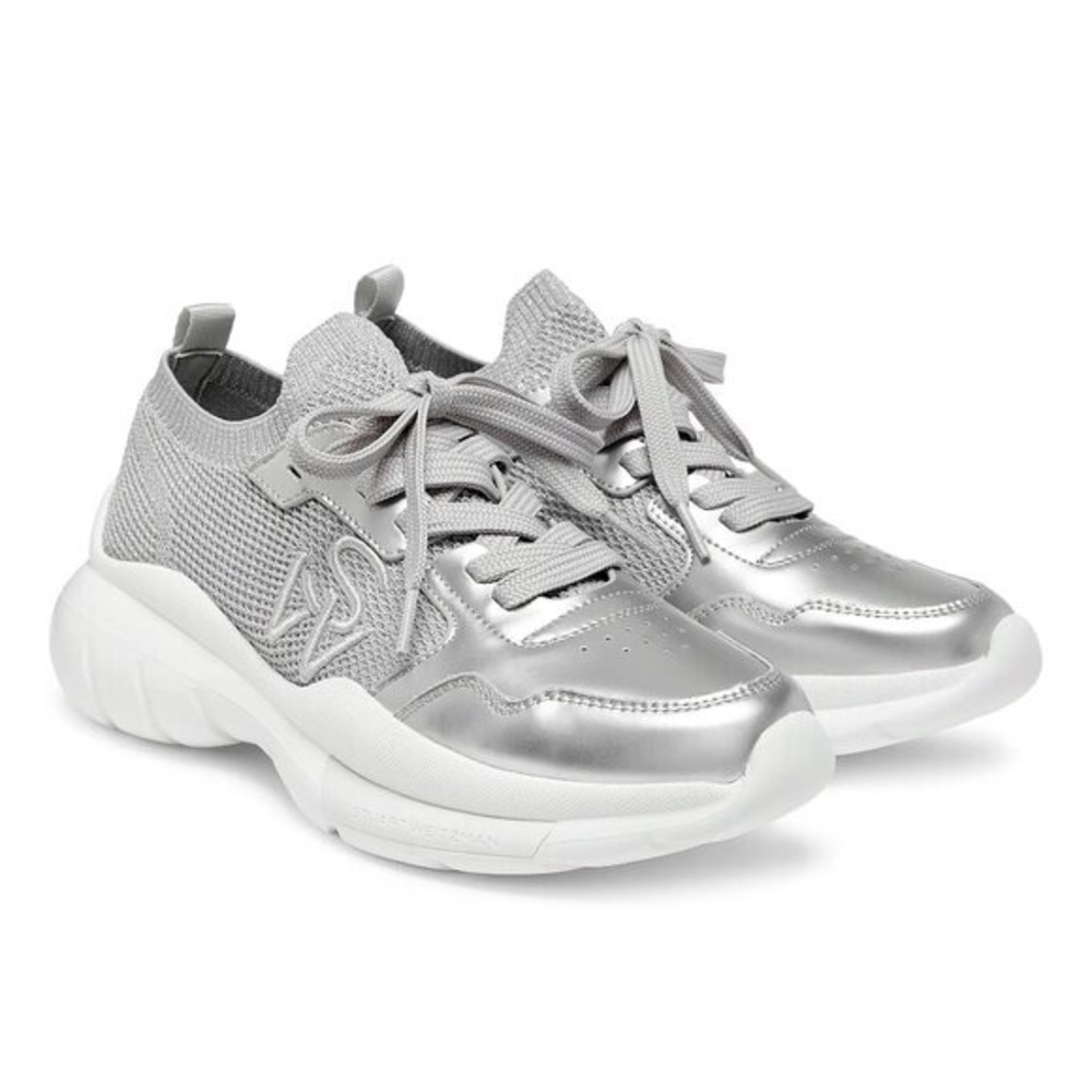 NWOB Stuart Weitzman 5050 Logo Low-Top Grey Silver Sneakers - Sz 9